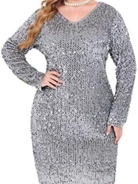 NEW In’ Voland Emerald Silver Sequin Party Dress 20Plus Long Sleeve Glam w/TAGS